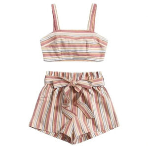 SweatyRocks Womens 2 Piece Crop Cami Top And Shorts Pink White Yellow Size XS